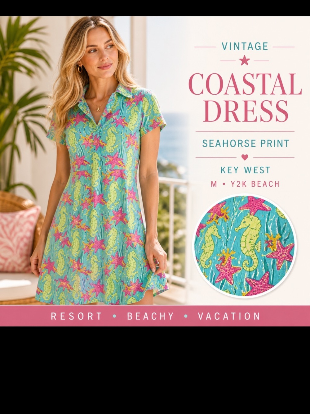Vtg Key West Womens Dress Pink Green Seahorses A-Line Empire Waist Coastal M